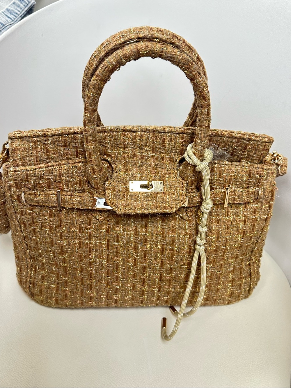 KC Chic Designs Fall Sundara Metallic Woven Satchel Crossbody Purse Gold - Picture 3 of 9